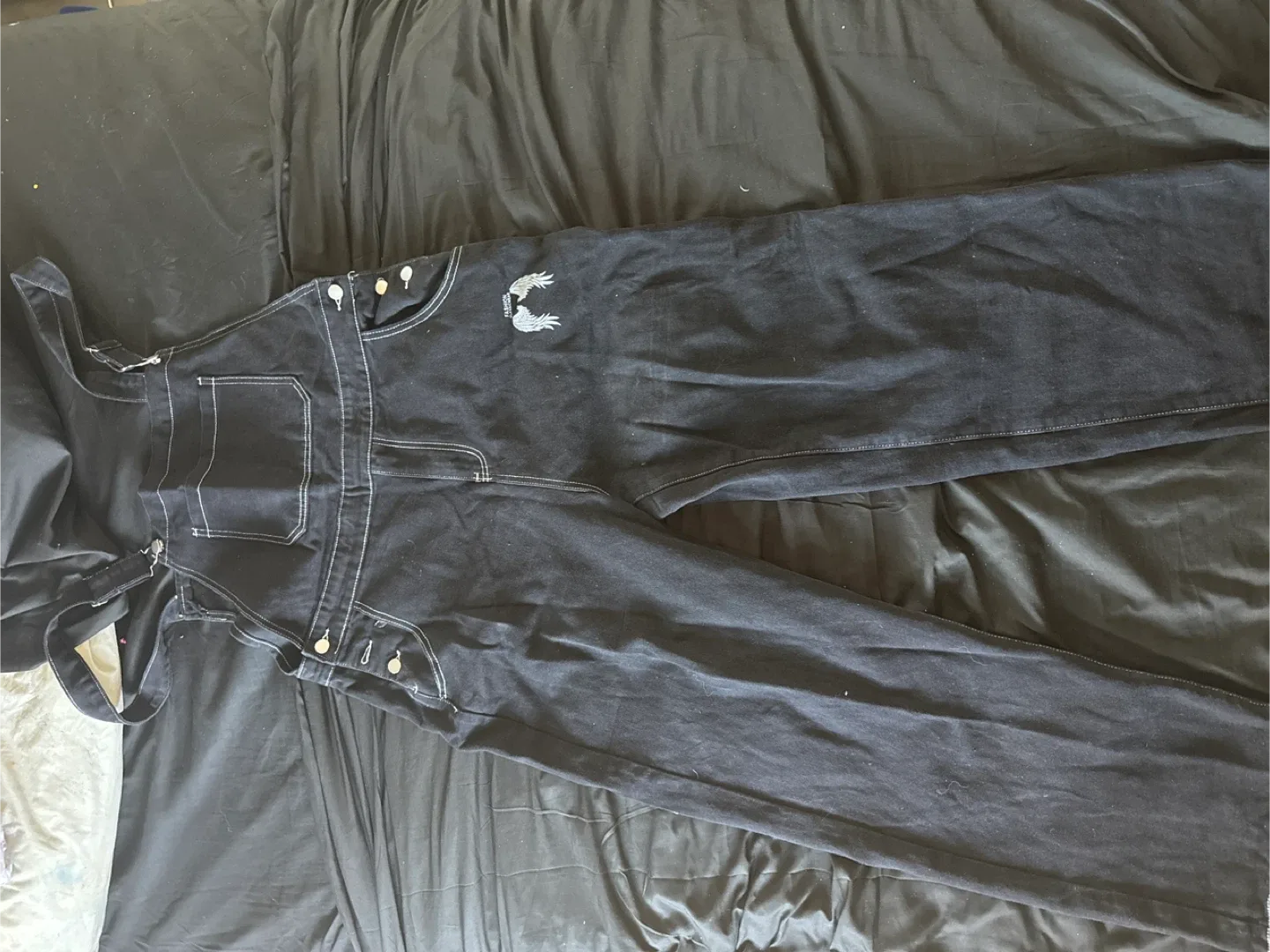 Black Denim Overalls with Wing Design thumbnail