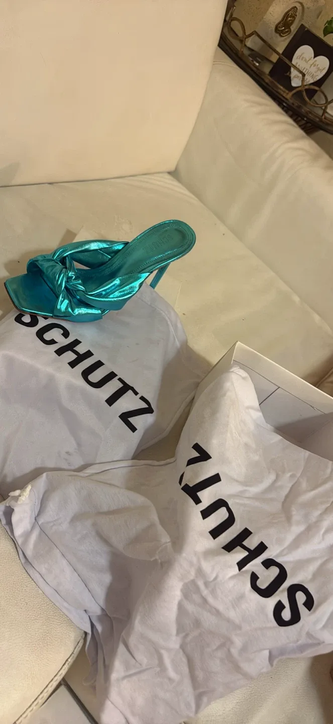 Schutz Metallic Blue Knot Heeled Sandals image indicator(2)