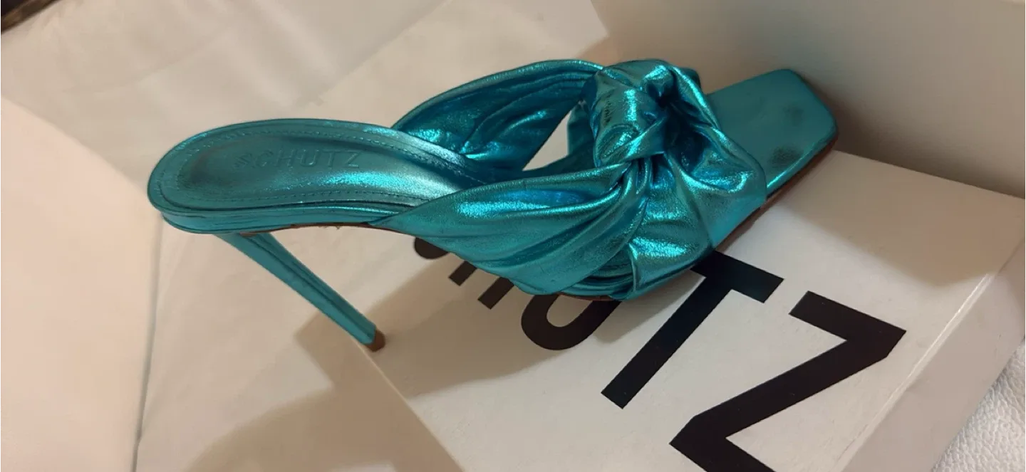 Schutz Metallic Blue Knot Heeled Sandals image indicator(5)