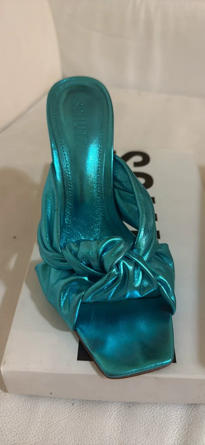 Schutz Metallic Blue Knot Heeled Sandals image indicator(6)
