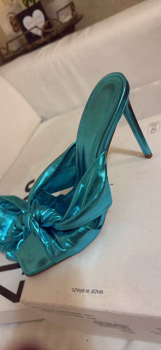 Schutz Metallic Blue Knot Heeled Sandals image indicator(4)