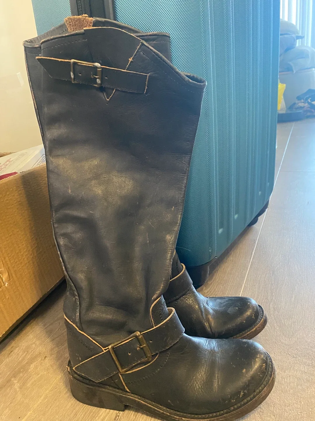 FRYE Leather distressed Riding Boots, Black thumbnail