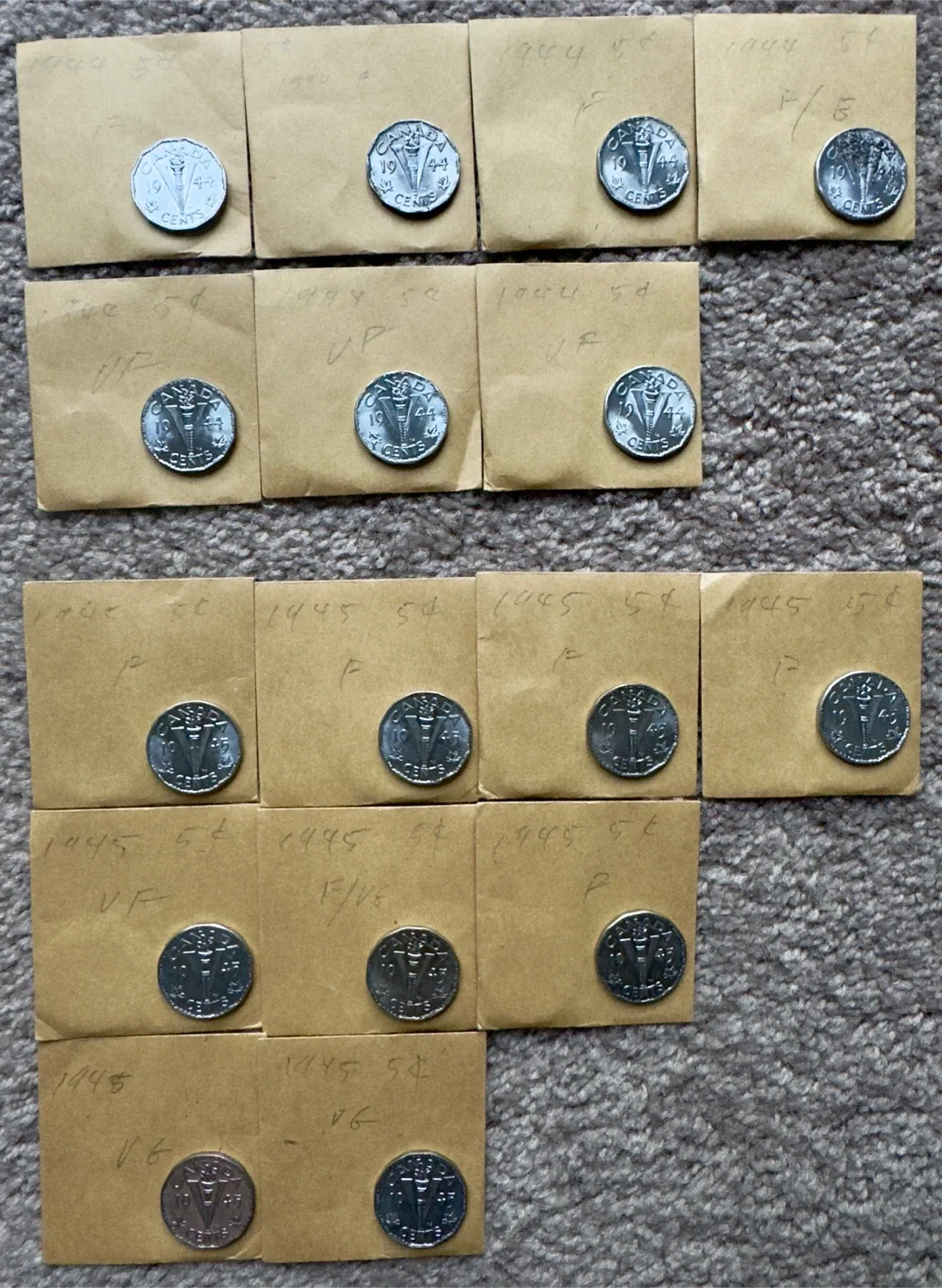 Vintage 1944-1945 Canadian 5 Cent Coins