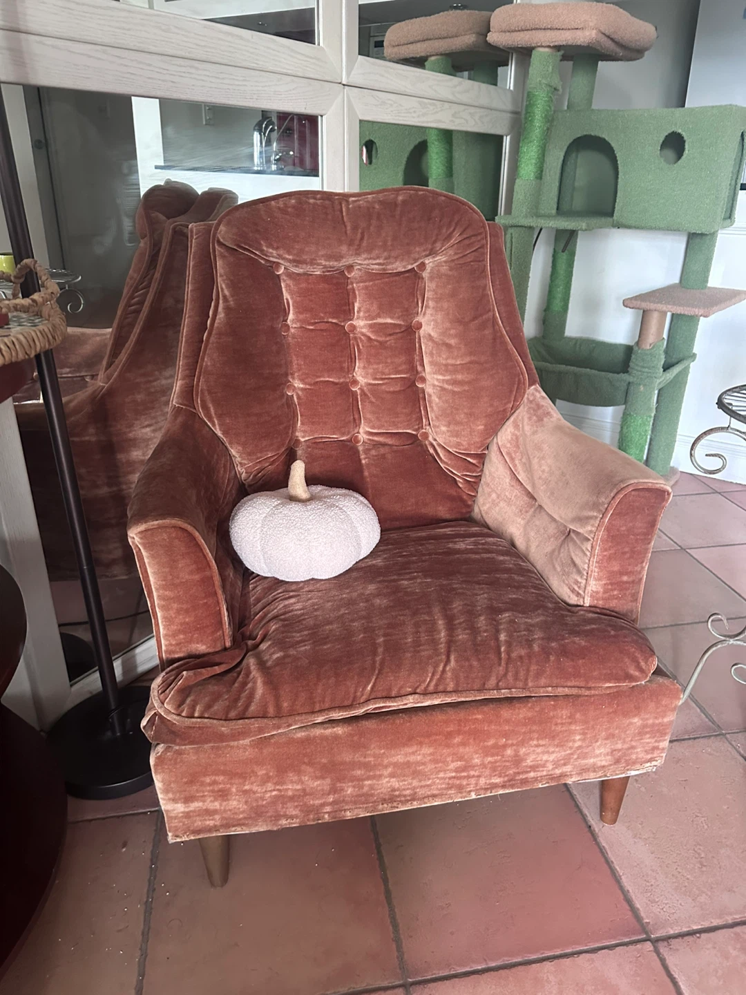 velvet brown arm chair and Pumpkin Pillow