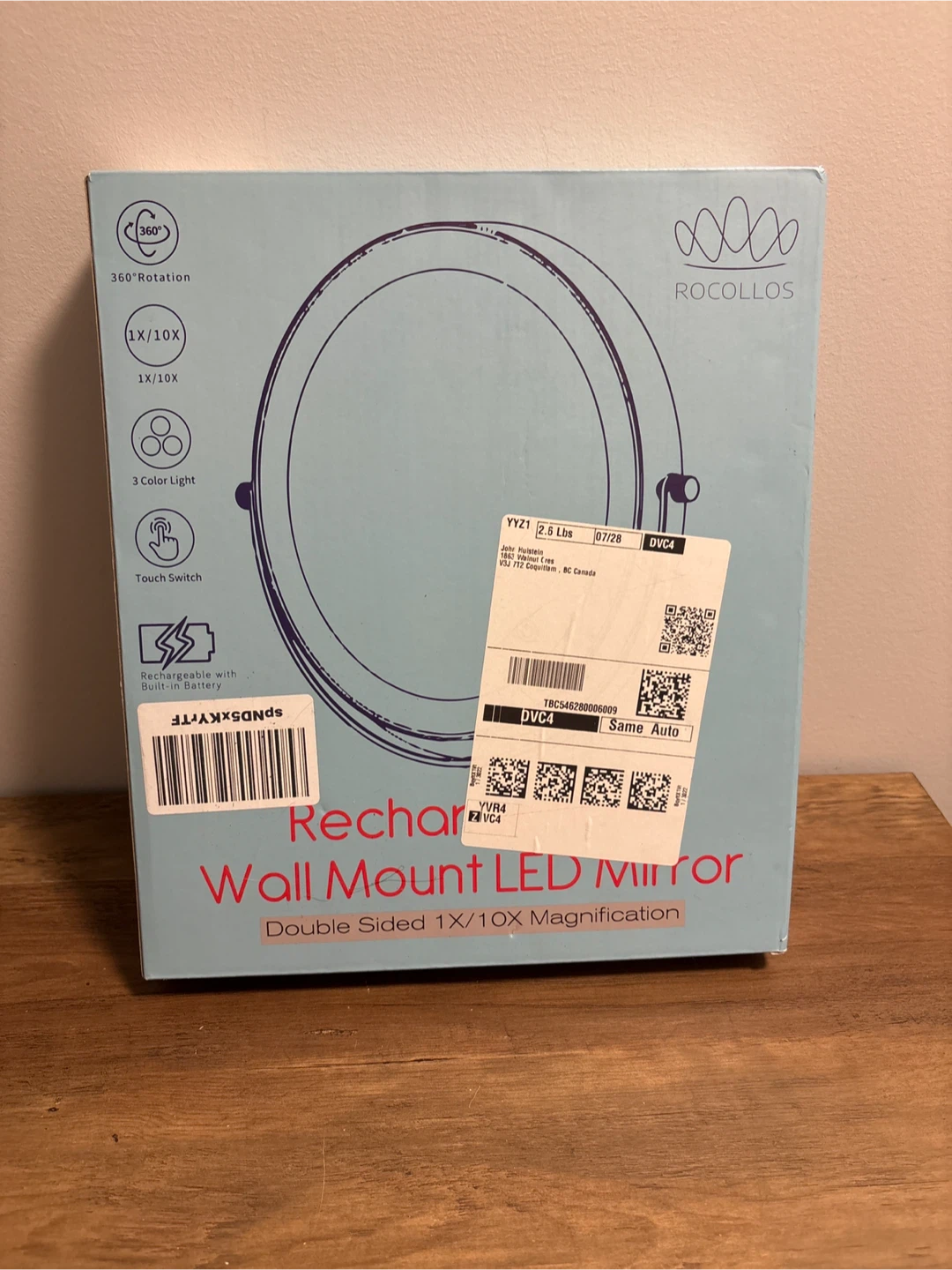 Rocollos Rechargeable Wall Mount LED Mirror - New in Box!