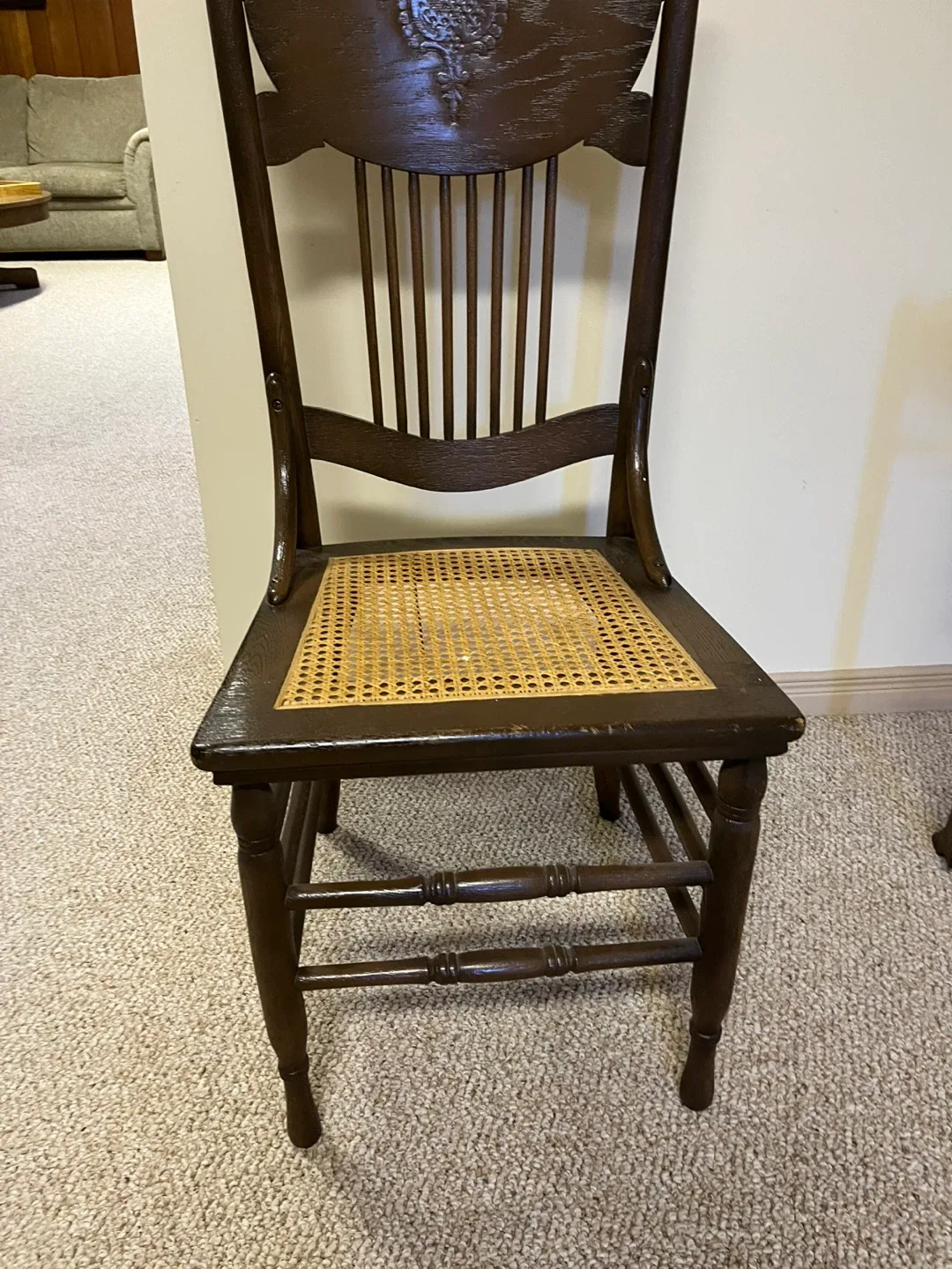 Antique Dark Wood Chair with Woven Seat image indicator(6)