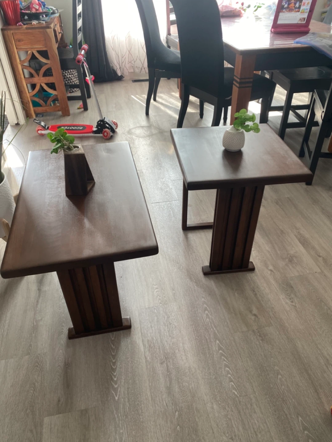 New American walnut finished solid maple coffee and end table.