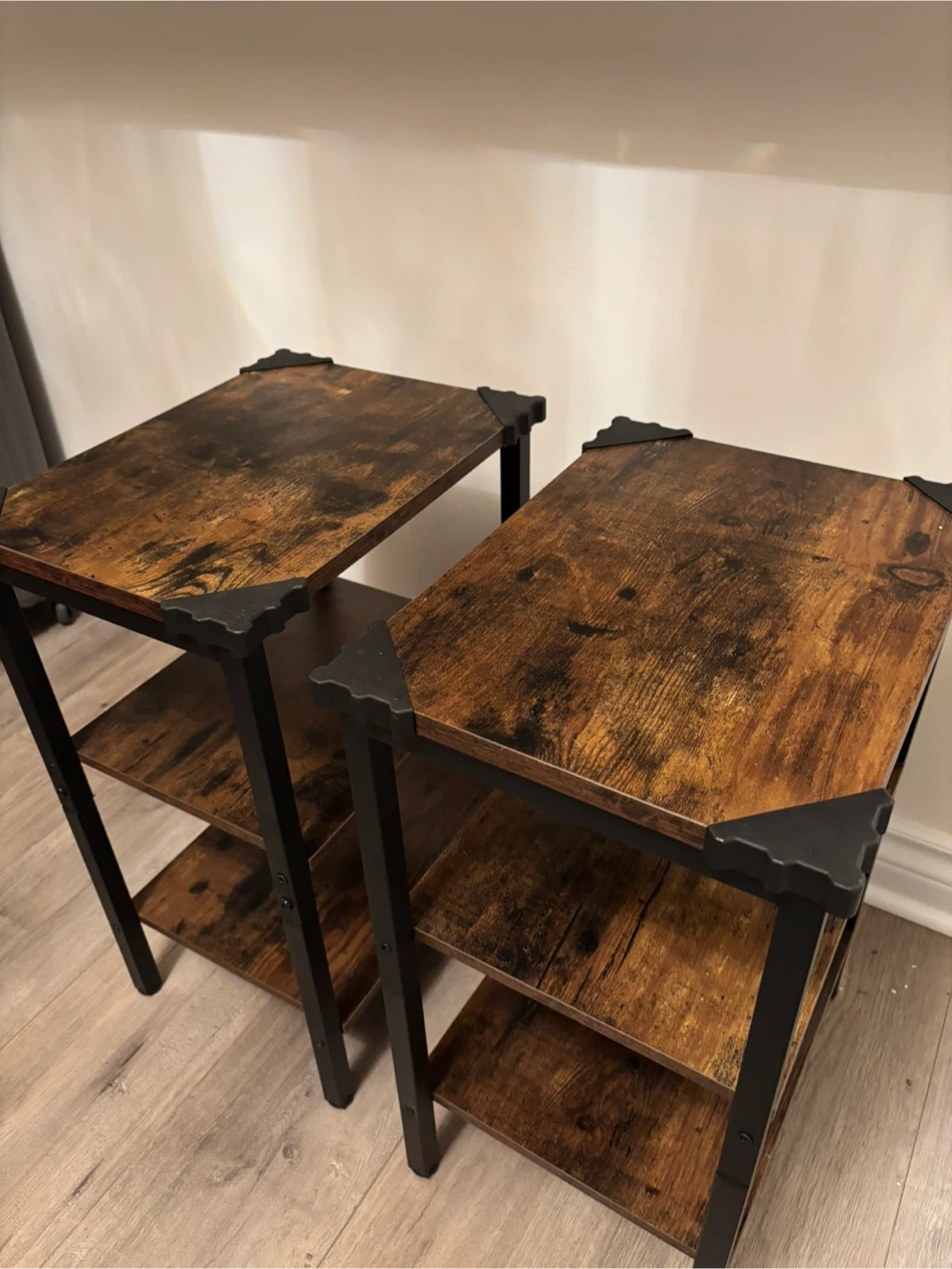 Set of 2 Brown Wood & Metal Side Tables