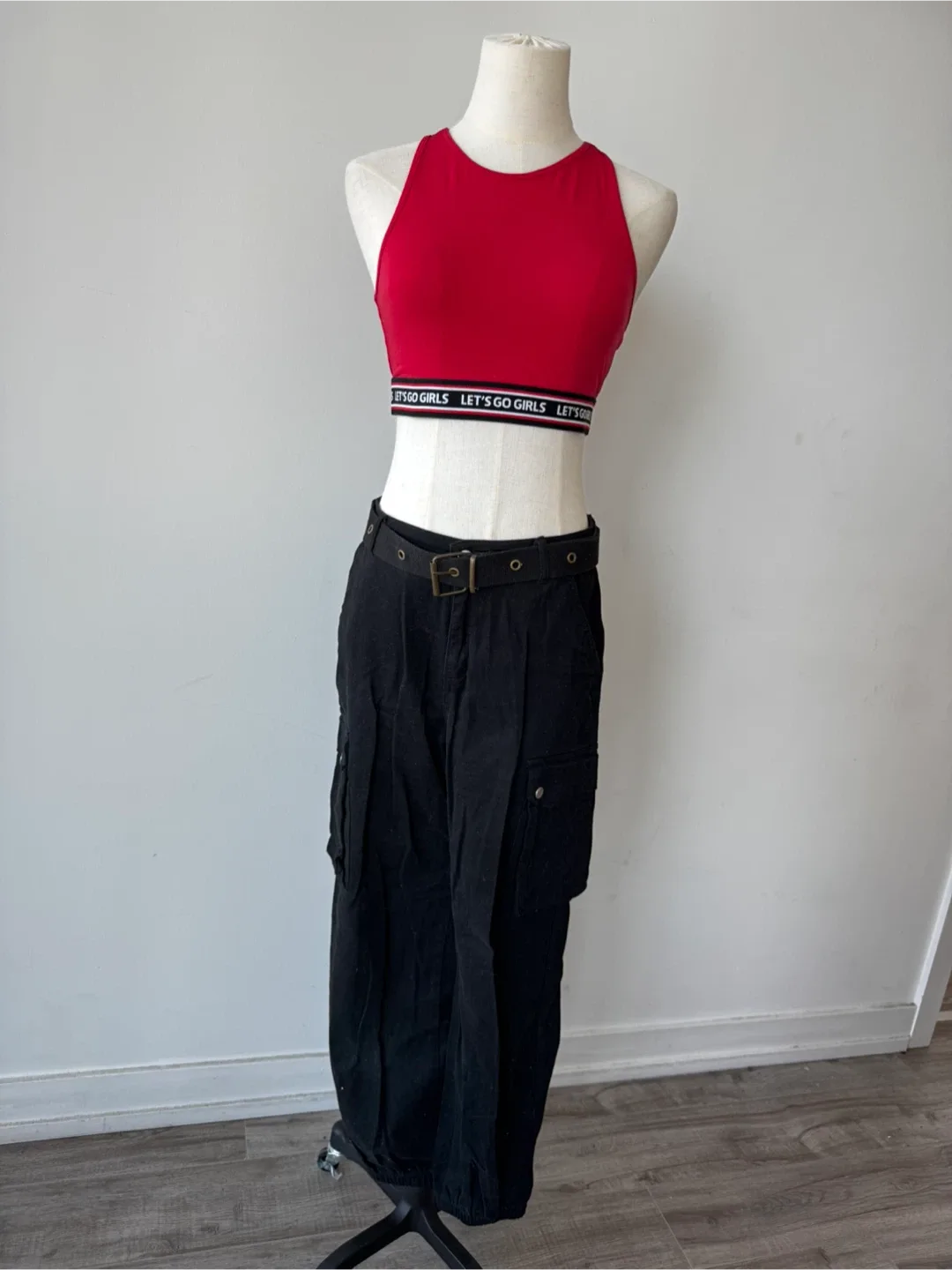 2 pc outfit: Black Cargo Pants (Size M) + Red crop top thumbnail