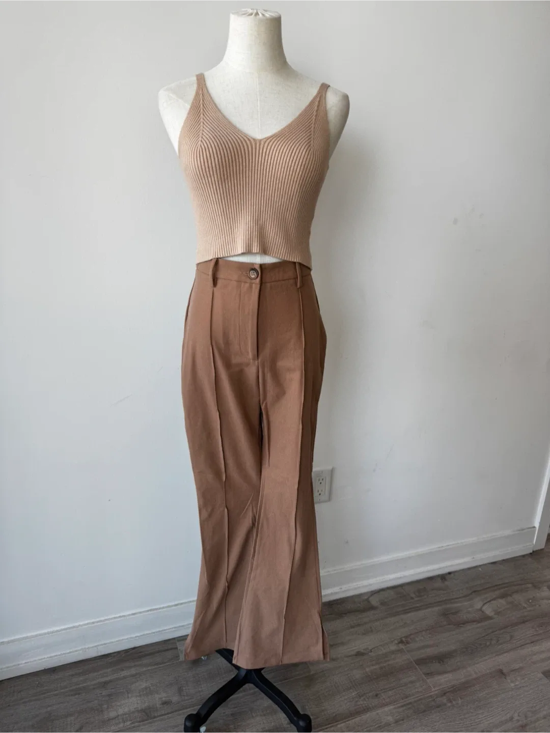 2 pc outfit: Beige Ribbed Knit Tank Top + Beige Knitted Top thumbnail