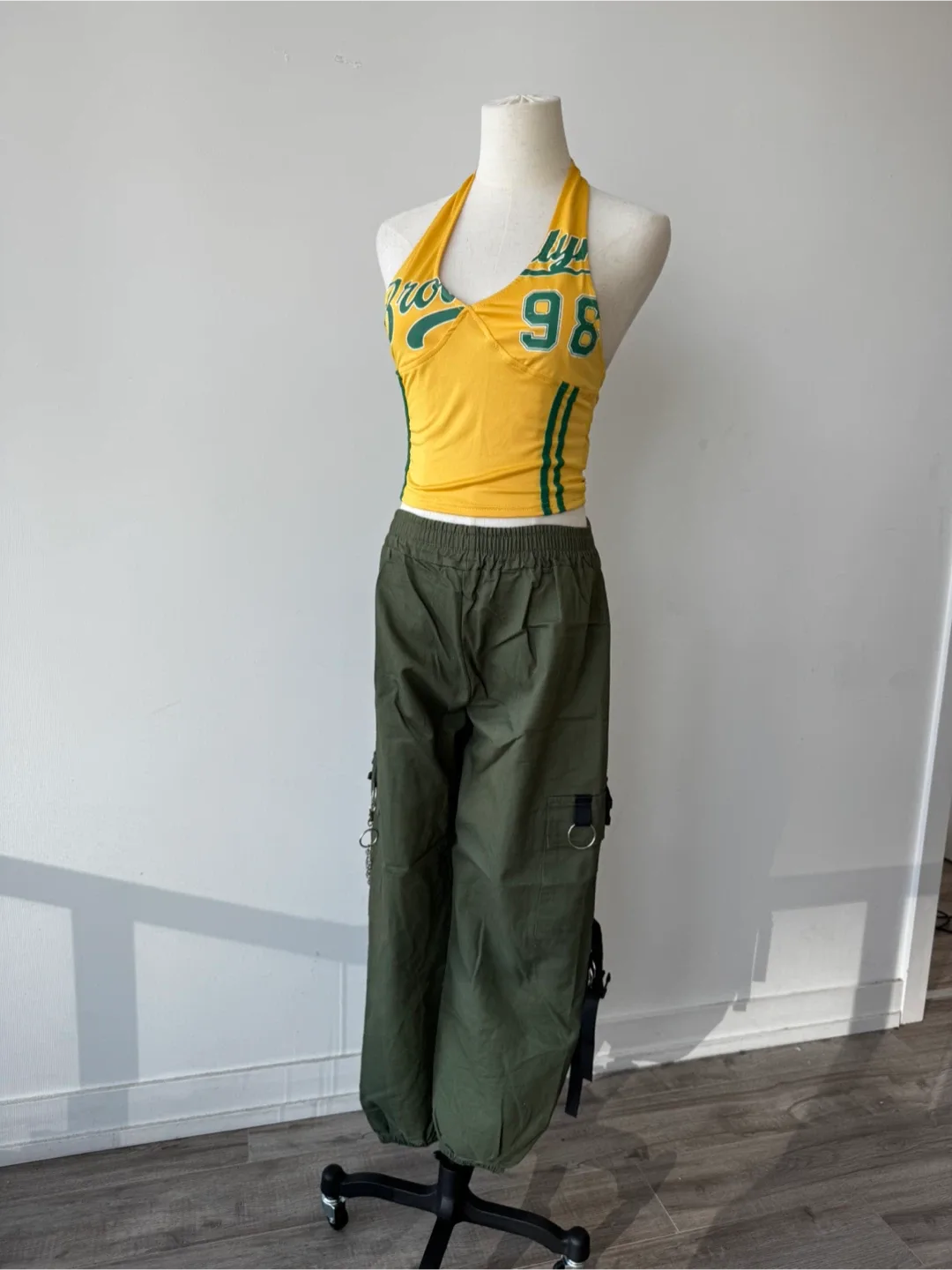 2 pc outfit: Olive Green Cargo Pants + Yellow Top thumbnail