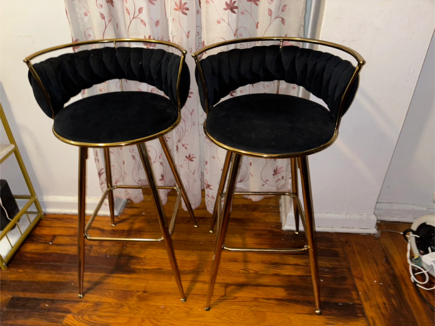 Set of 2 Black Velvet & Gold Bar Stools