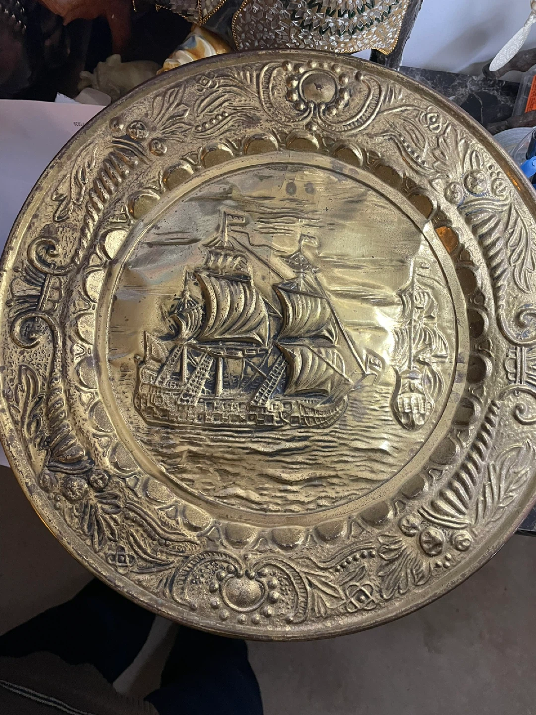 Vintage Brass Decorative Plate with Ship Design