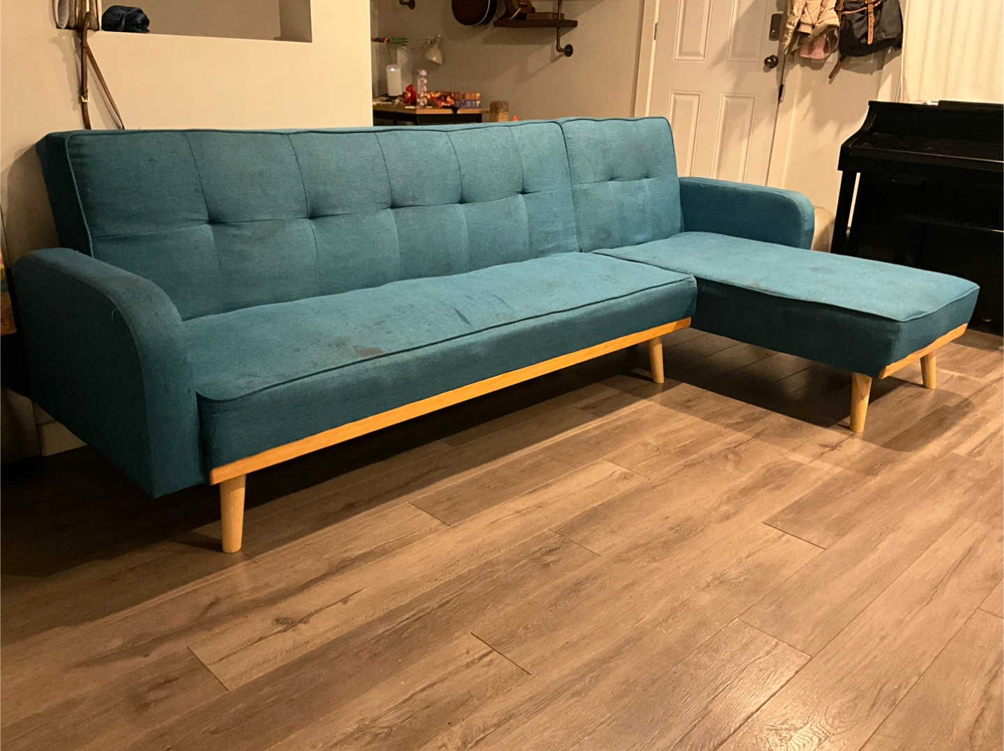 Teal Futon Couch with Chaise Lounge