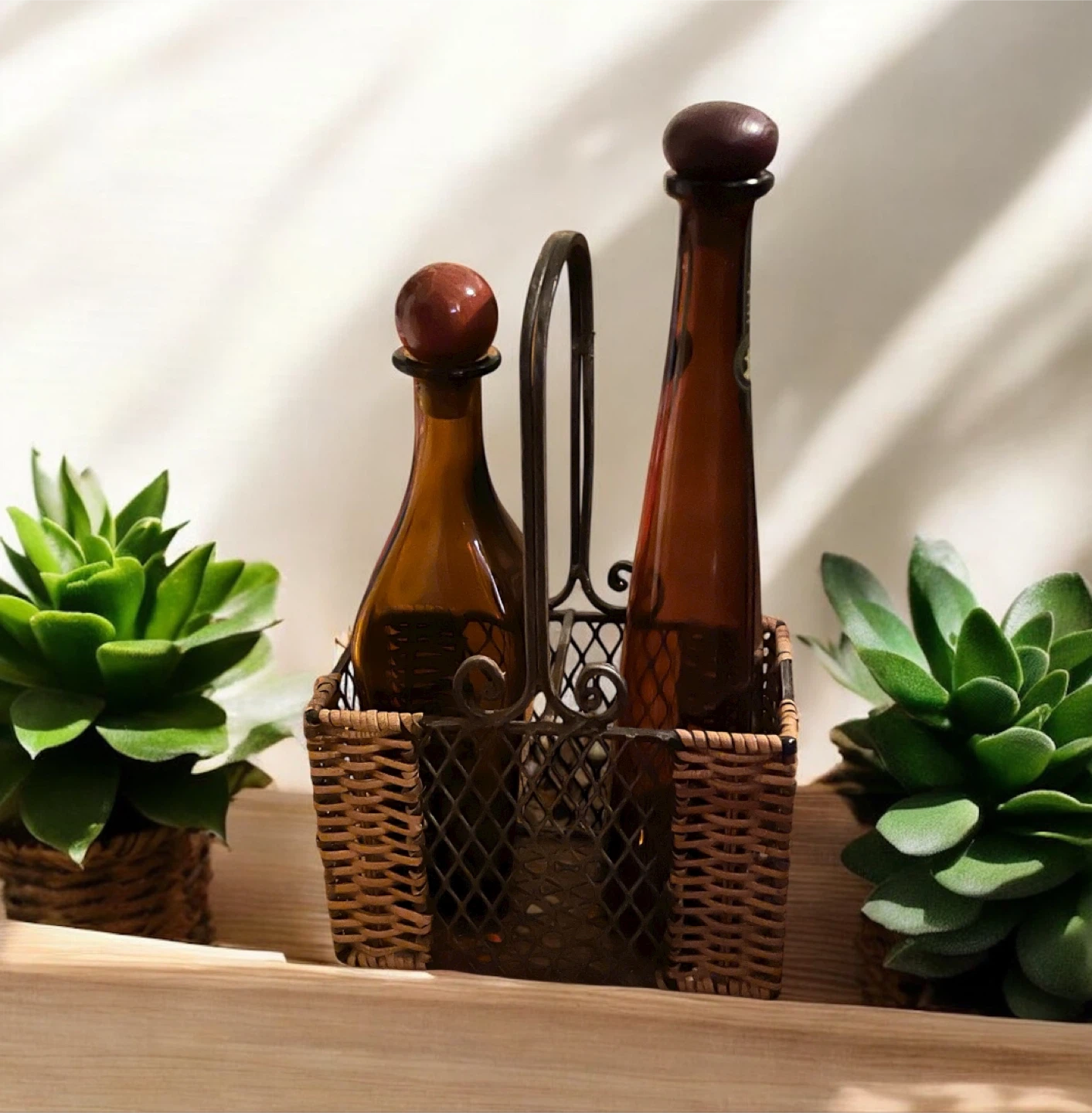 Decorative Brown Glass Bottles in Wicker Basket