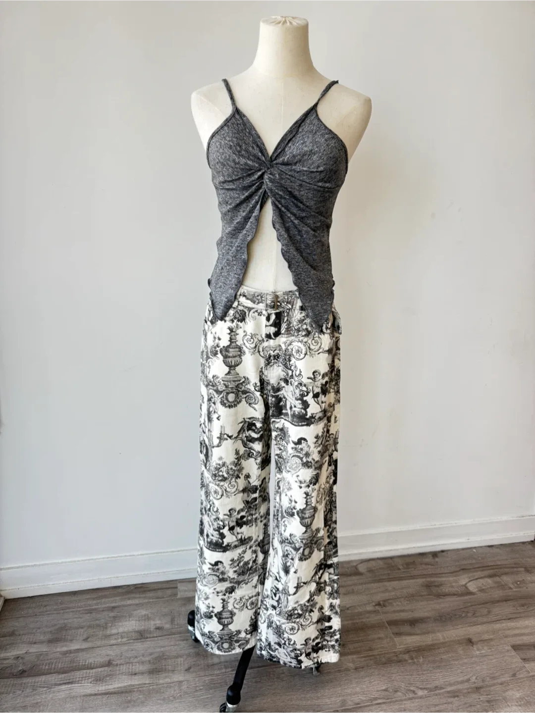 2 pc outfit: Grey Tank Top & Patterned Wide Leg Pants thumbnail