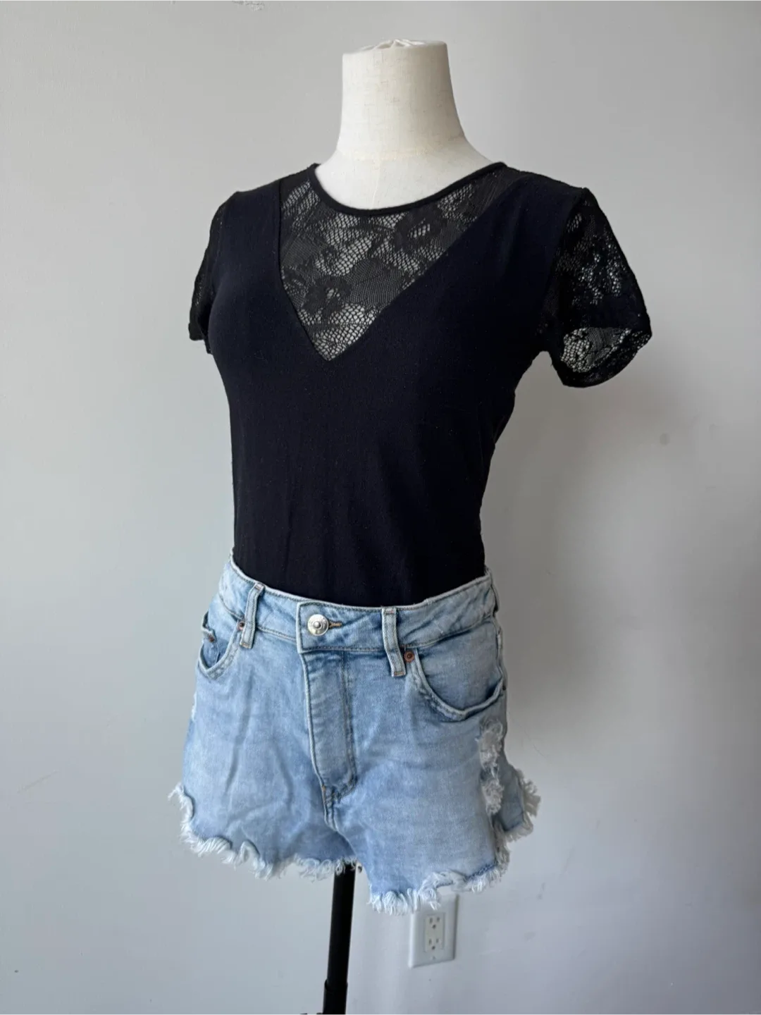 2 pc set: Black Lace Top + Denim Shorts - Size 14 thumbnail