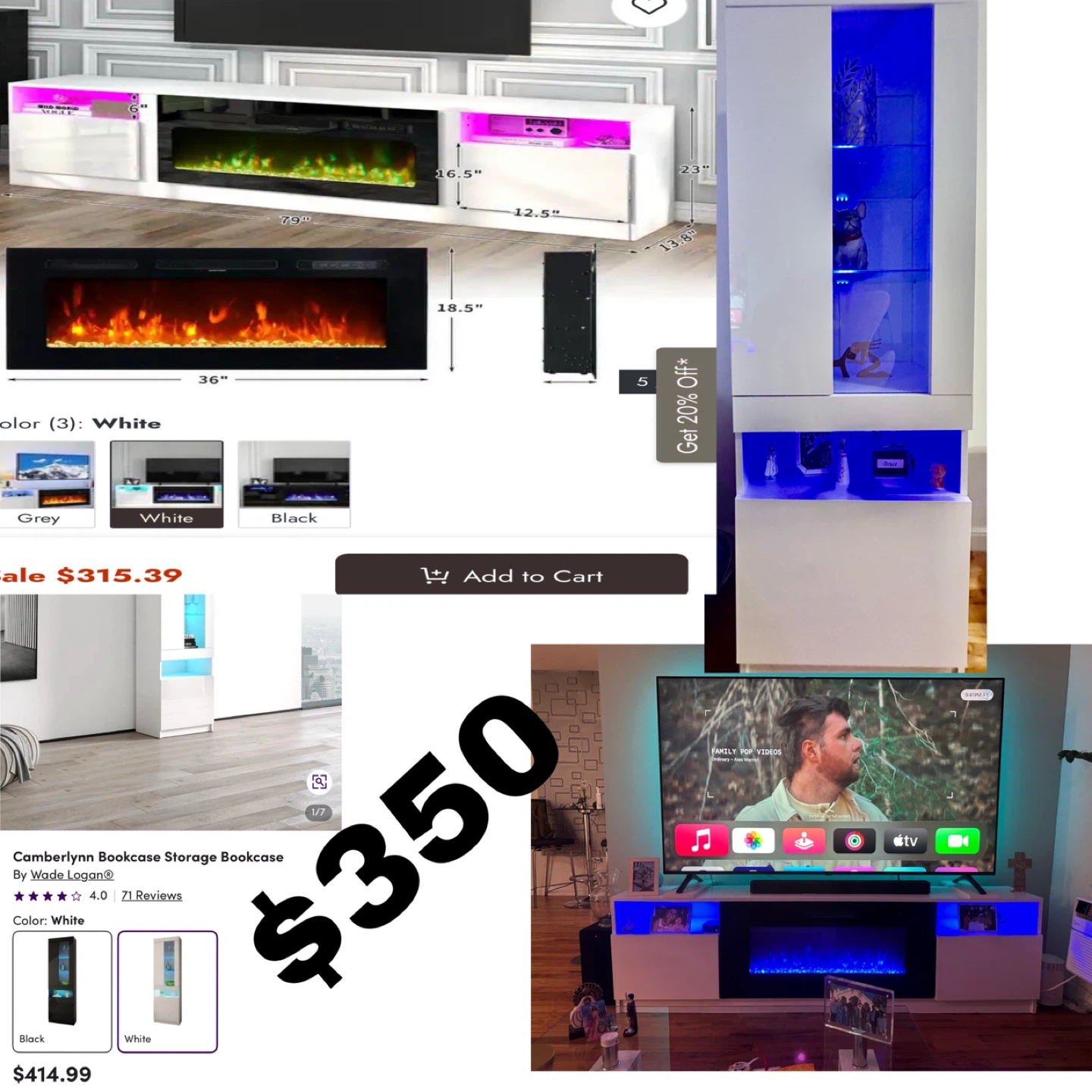 TV stand with electric fireplace + Bookcase with led lighting