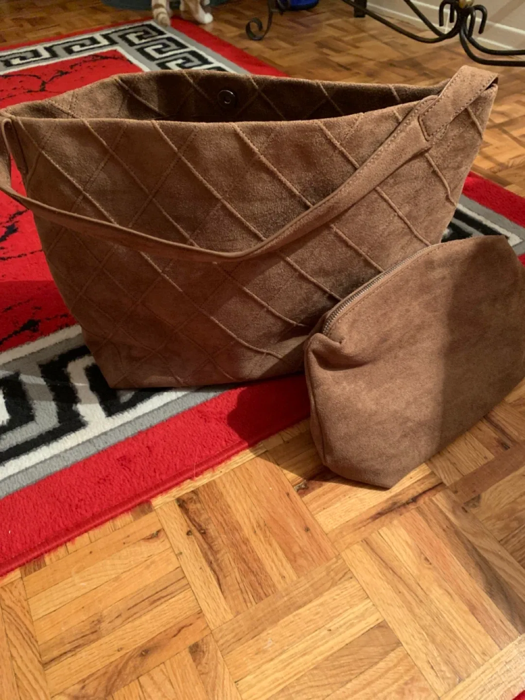 Brown Suede Tote Bag with Pouch