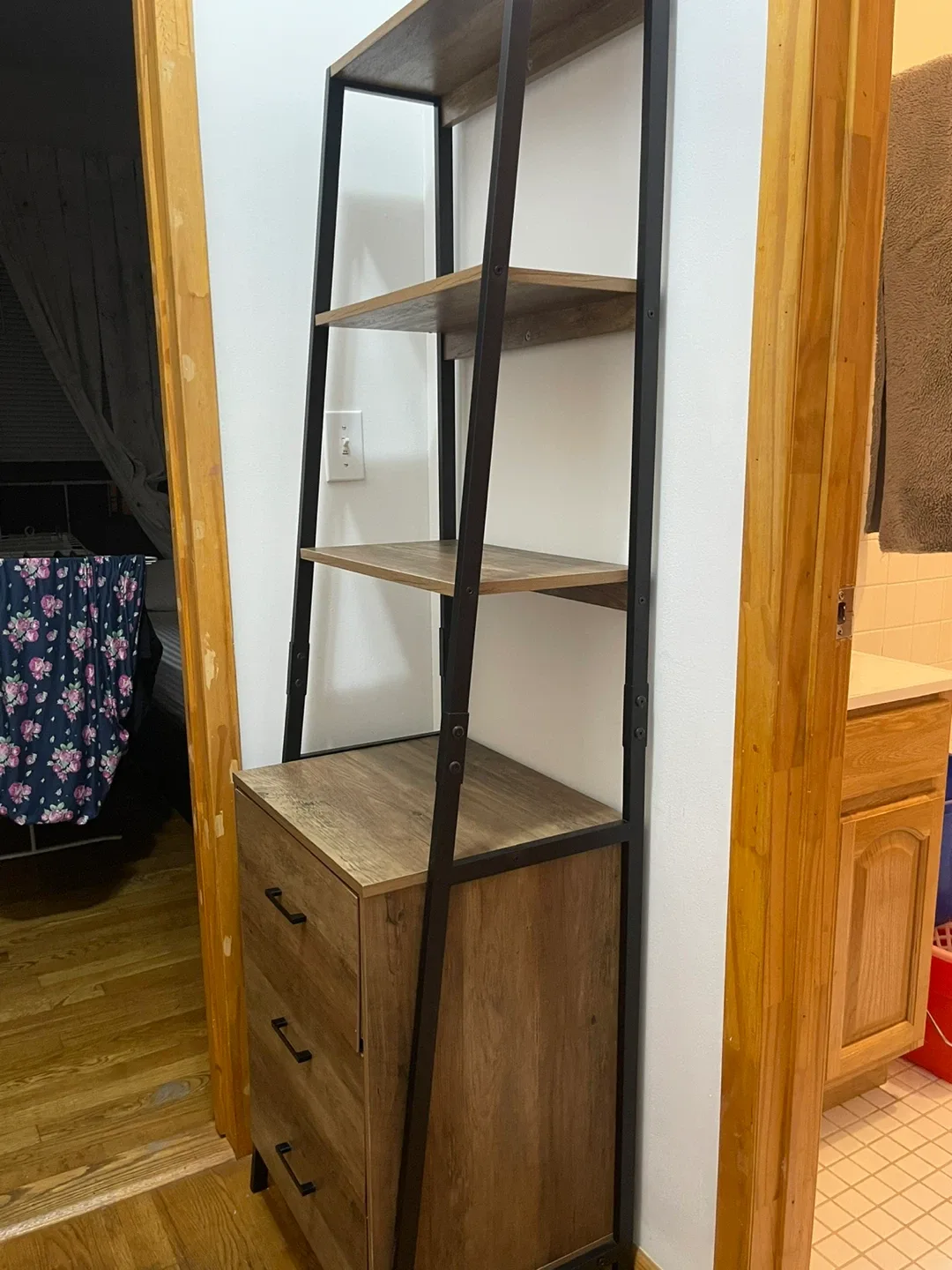 Wood and Metal Ladder Shelf with Drawers image indicator(3)