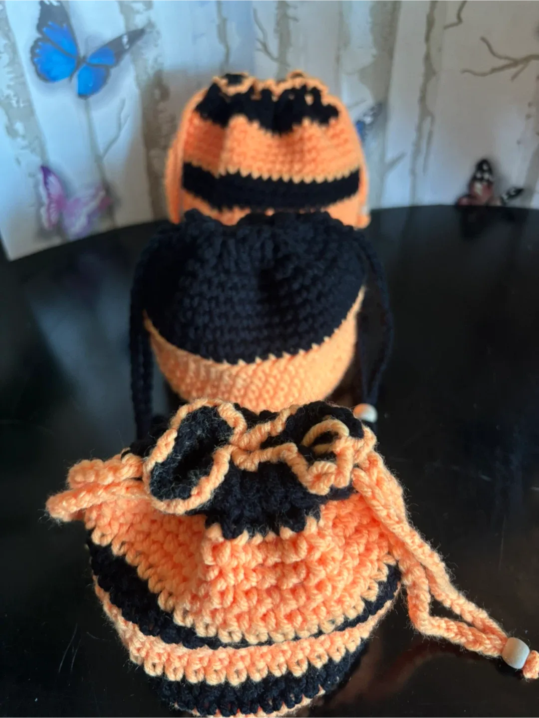 Handmade Crochet Drawstring Pouches. Halloween boo bags. image indicator(4)
