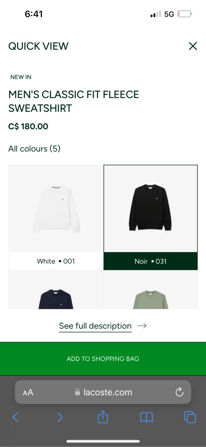 Lacoste Classic Fit Fleece Sweatshirt - Black image indicator(3)