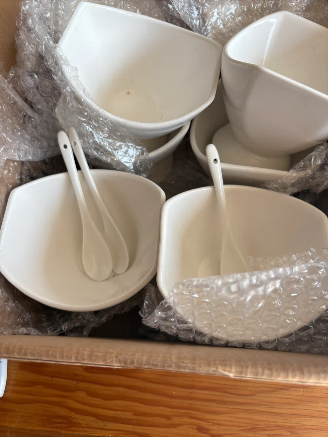 White Ceramic Bowls with Spoons (ice cream/dessert)