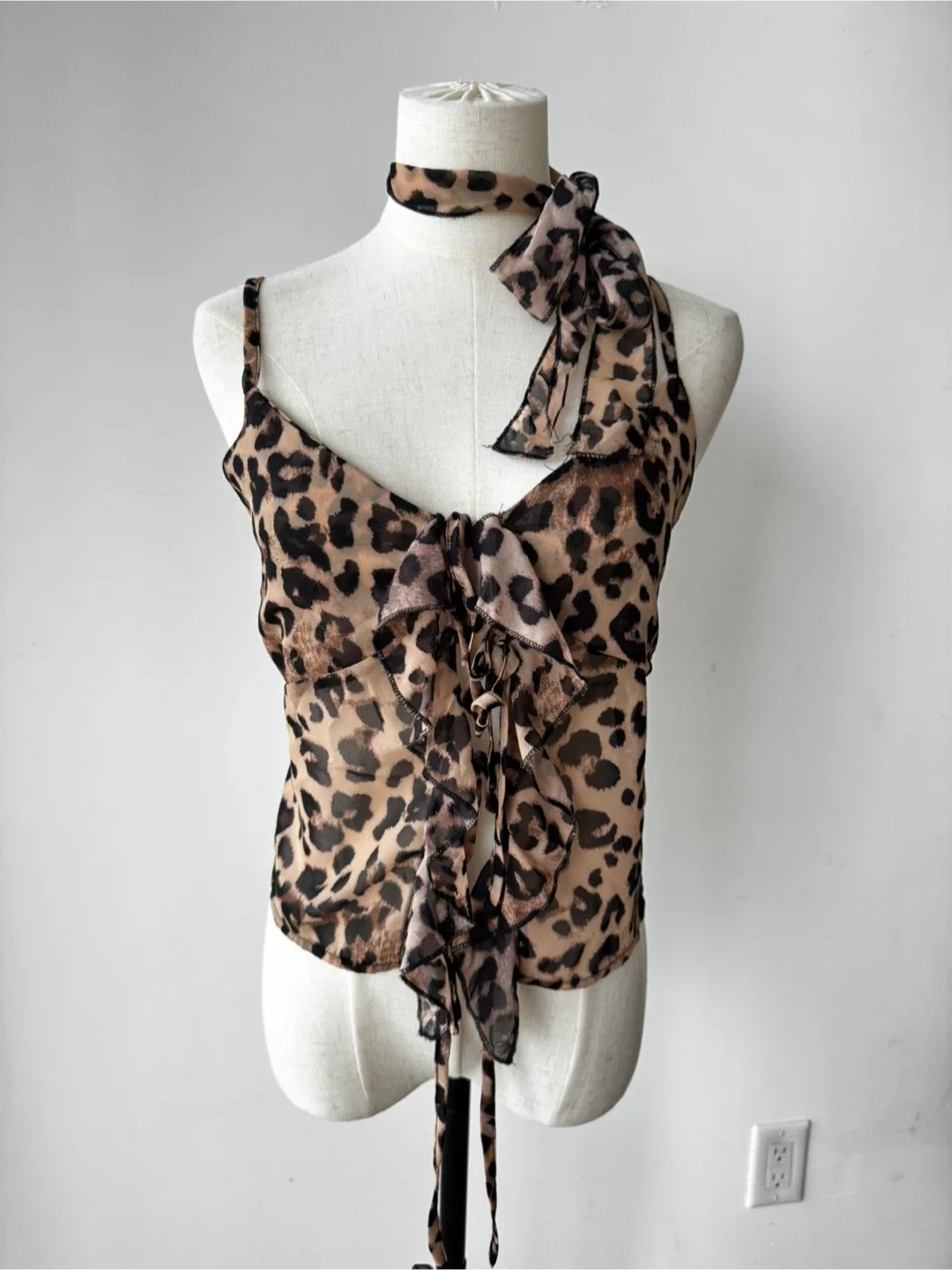 Leopard Print Cami Top with Scarf Tie - size S thumbnail