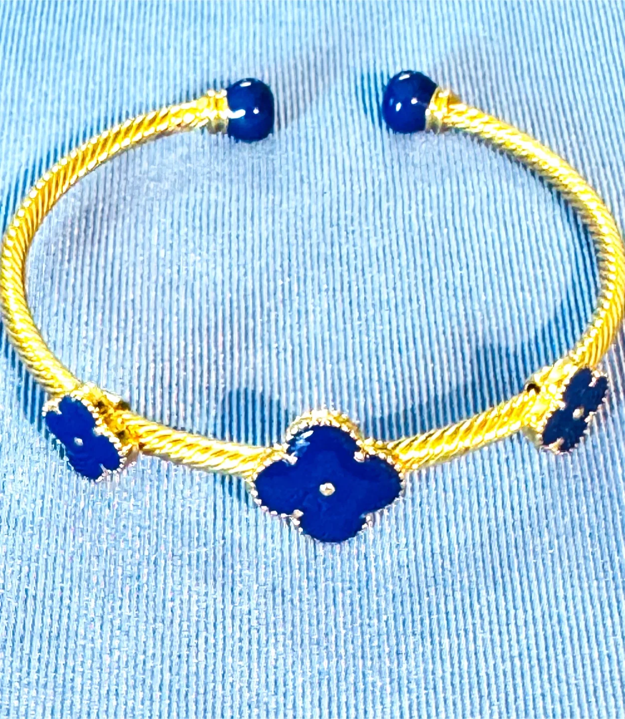 14K Plated Clover Bangle Real Handmade Royal Blue Enameling NEW! image indicator(3)