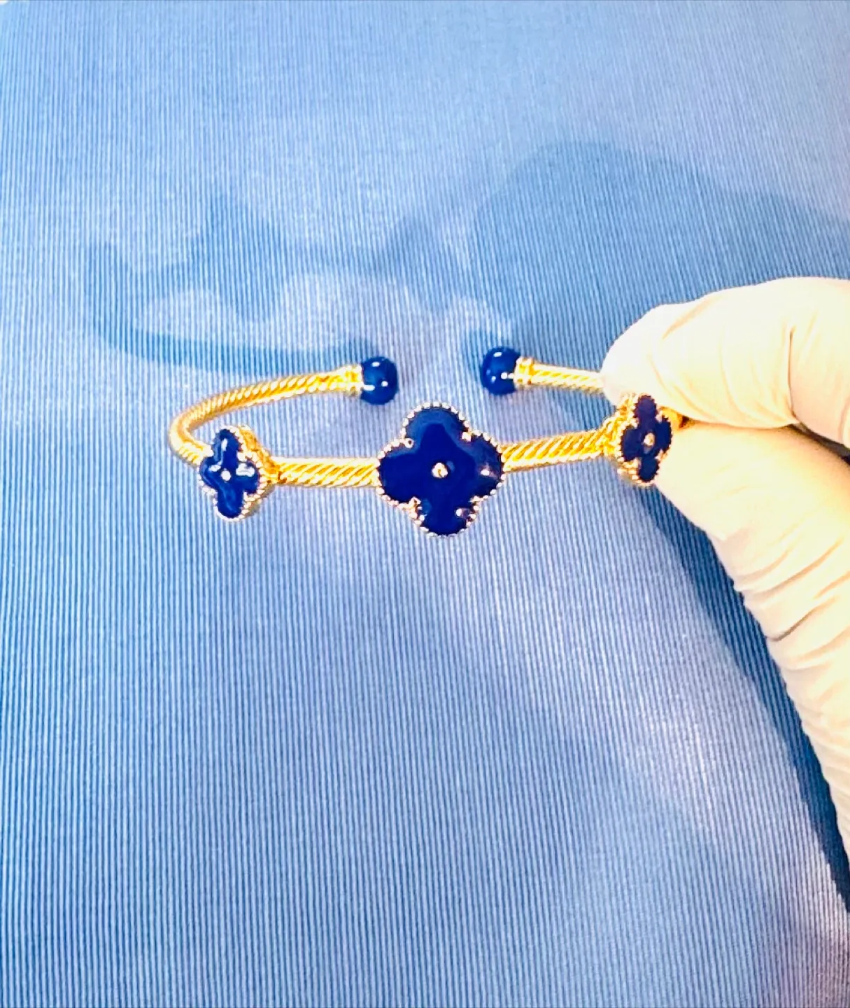 14K Plated Clover Bangle Real Handmade Royal Blue Enameling NEW! image indicator(2)