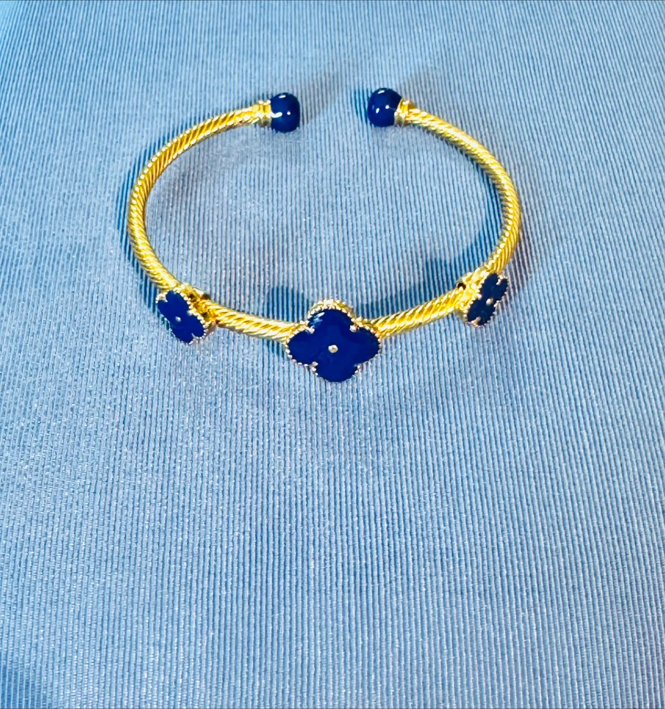 14K Plated Clover Bangle Real Handmade Royal Blue Enameling NEW! image indicator(4)