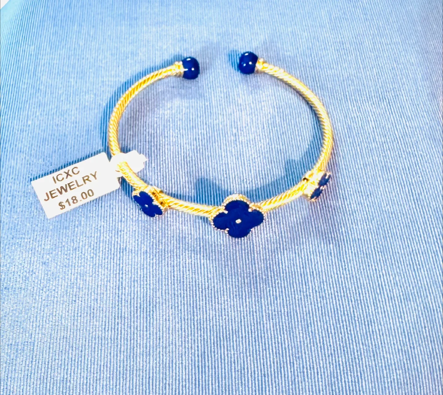 14K Plated Clover Bangle Real Handmade Royal Blue Enameling NEW! image indicator(5)