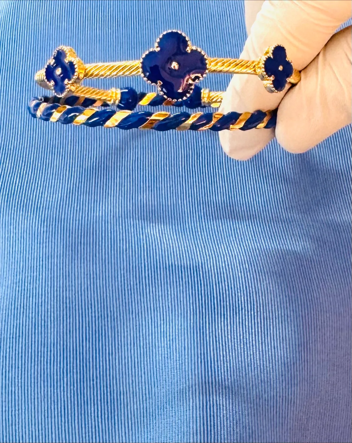 Clovers Gold & Handmade Real Enameled Blue Clover Braceles thumbnail