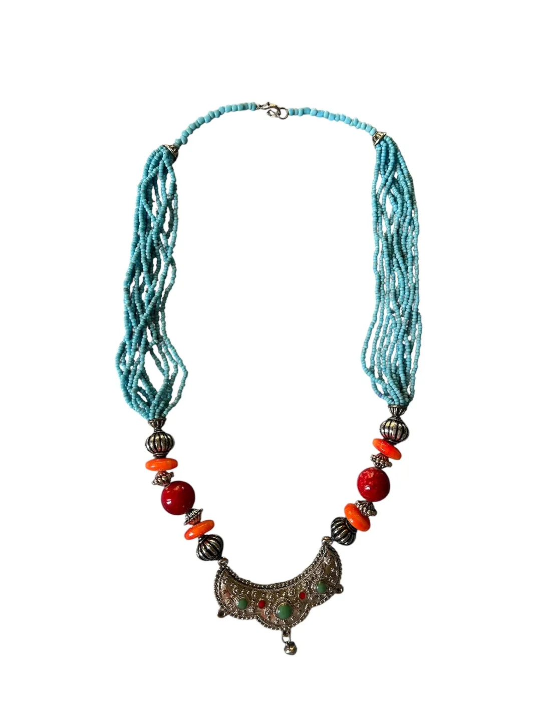 Beaded Necklace with Turquoise & Red Stones thumbnail