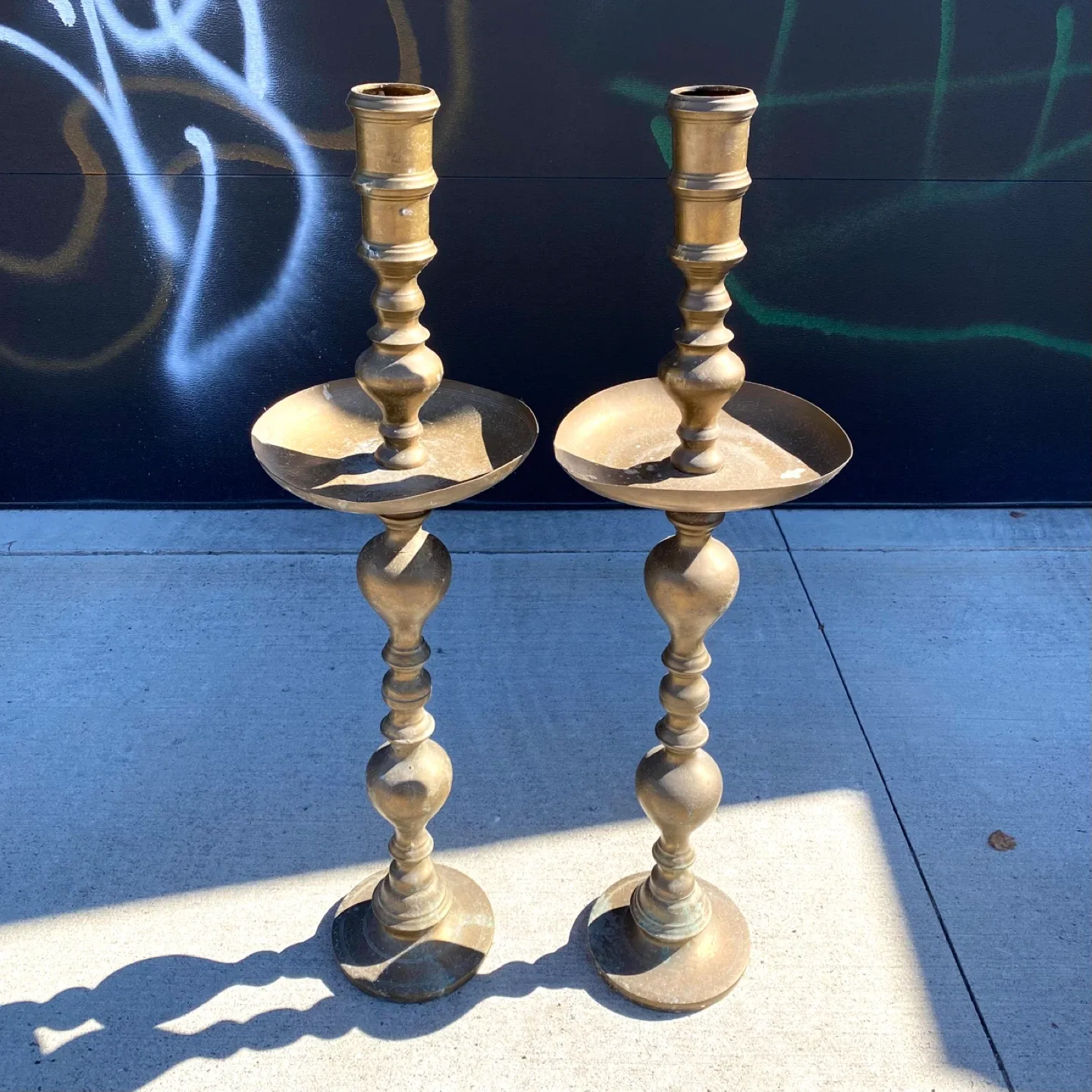 Huge Pair of Vintage Brass Pillar Candle Holders thumbnail