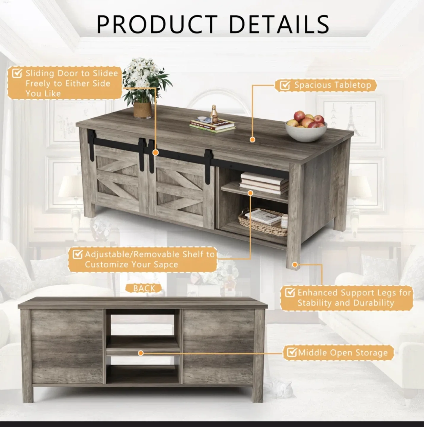 Rustic Farmhouse Coffee Table with Sliding Barn Doors image indicator(5)