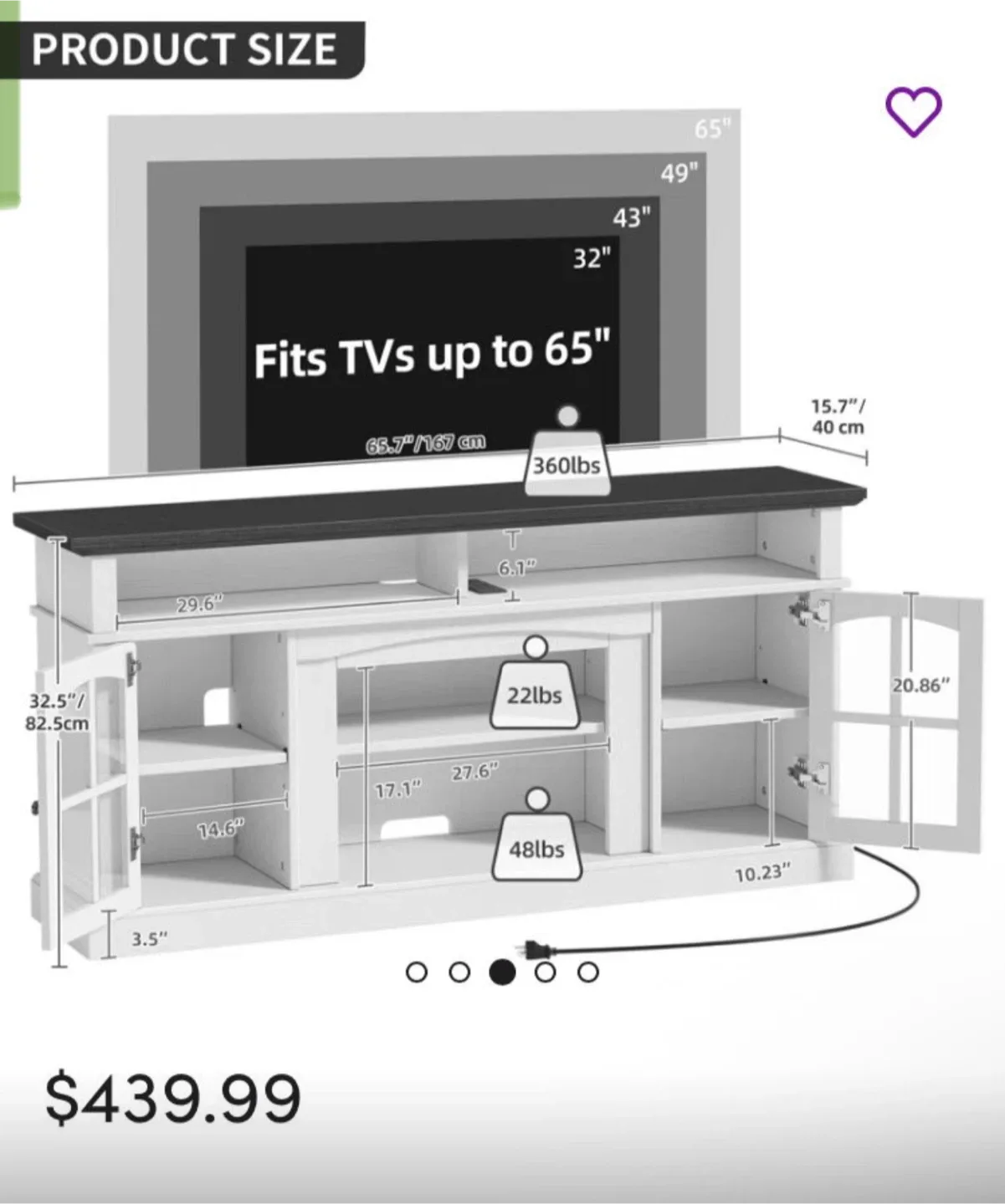 White TV Stand with LED Lights, Fits up to 65" TVs image indicator(3)