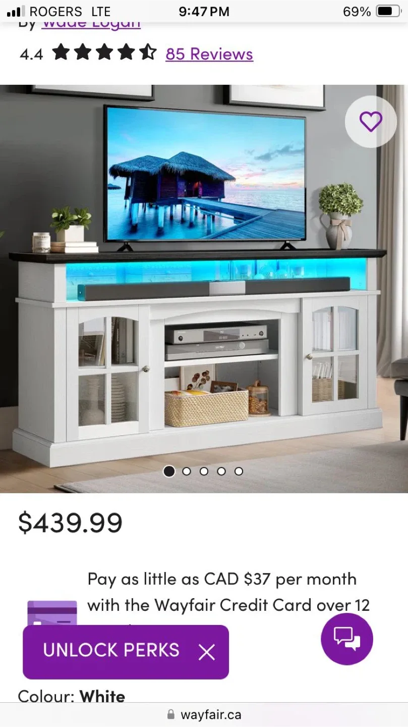 White TV Stand with LED Lights, Fits up to 65" TVs image indicator(7)