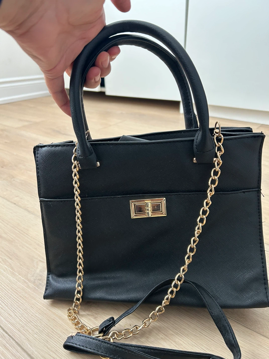 Black Tote Bag with Gold Chain