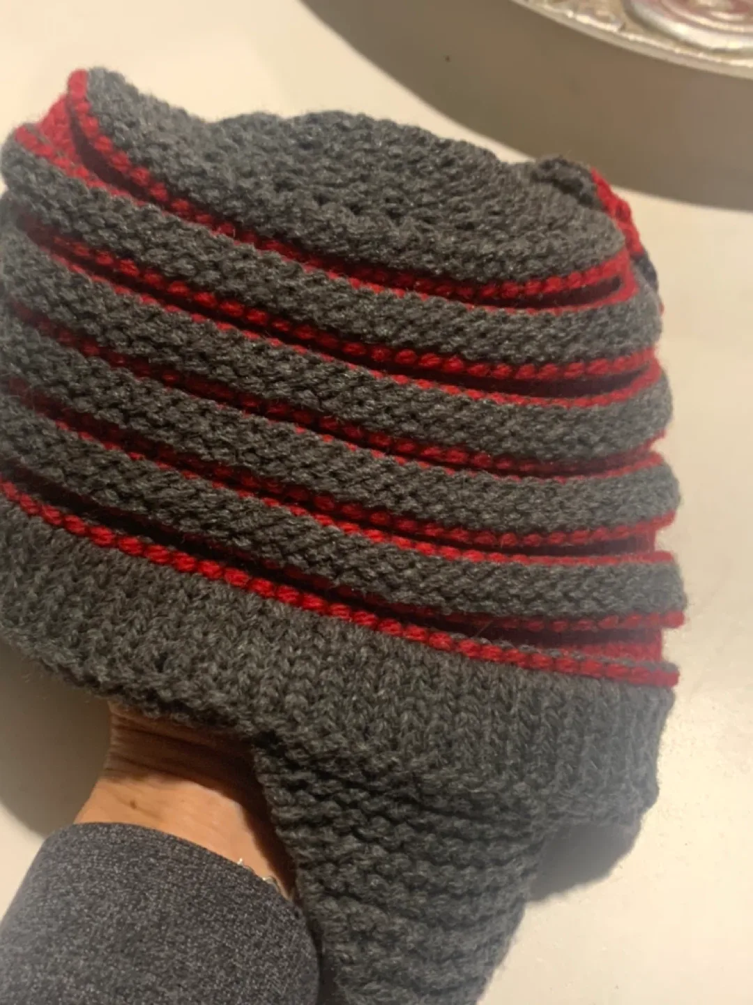 Hand-knitted Red & Grey Winter Hat image indicator(2)