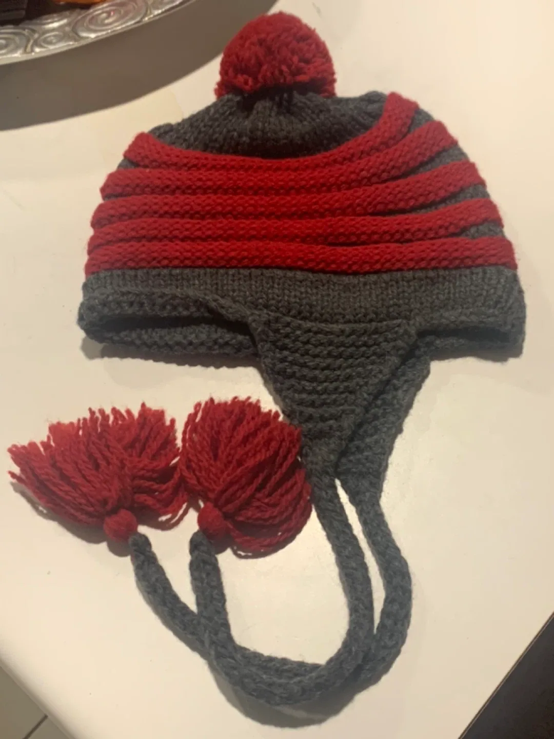 Hand-knitted Red & Grey Winter Hat thumbnail