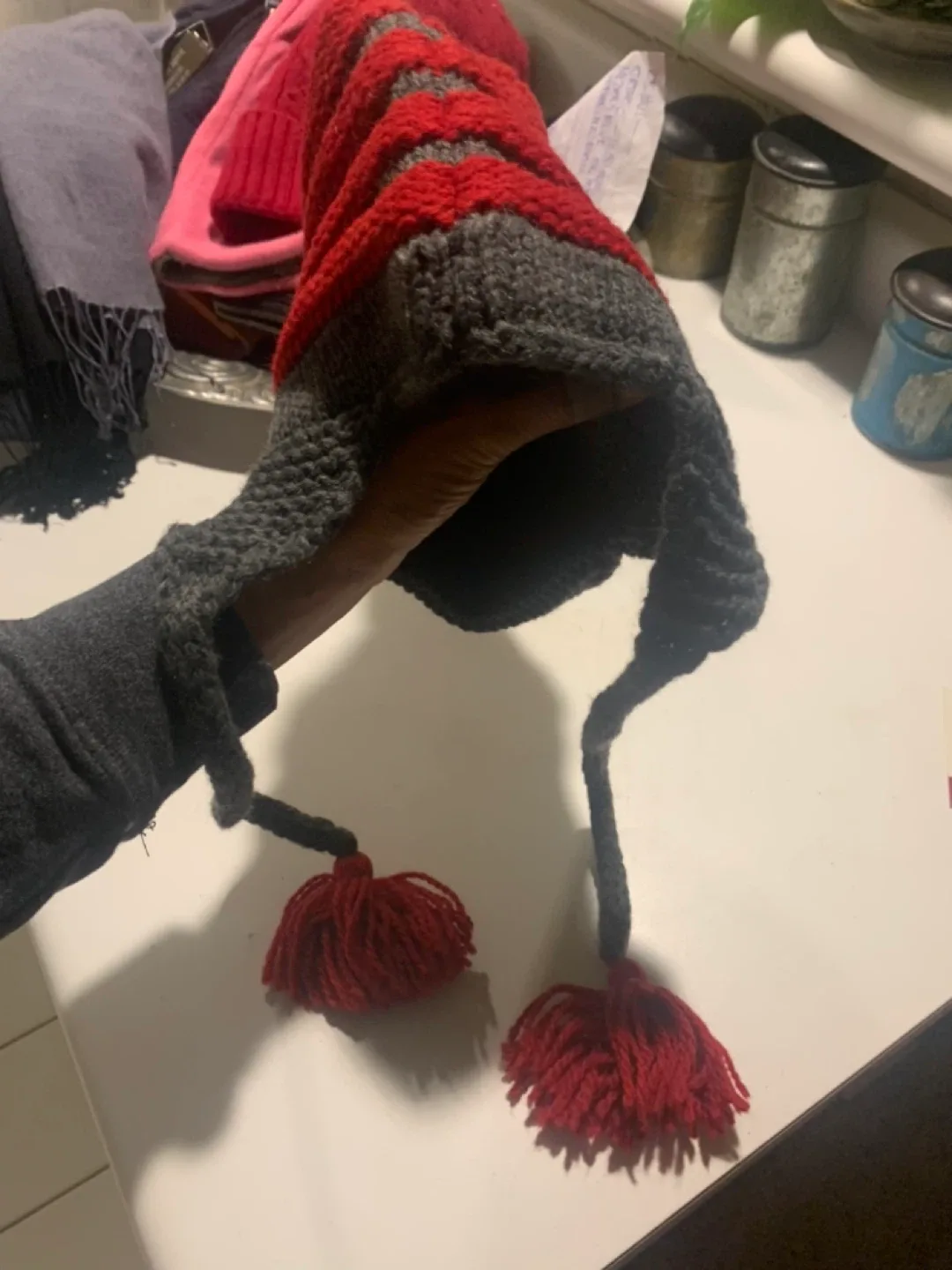 Hand-knitted Red & Grey Winter Hat image indicator(4)