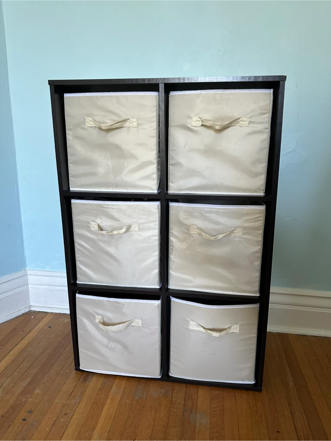 Black Storage Shelf with 6 Fabric Bins