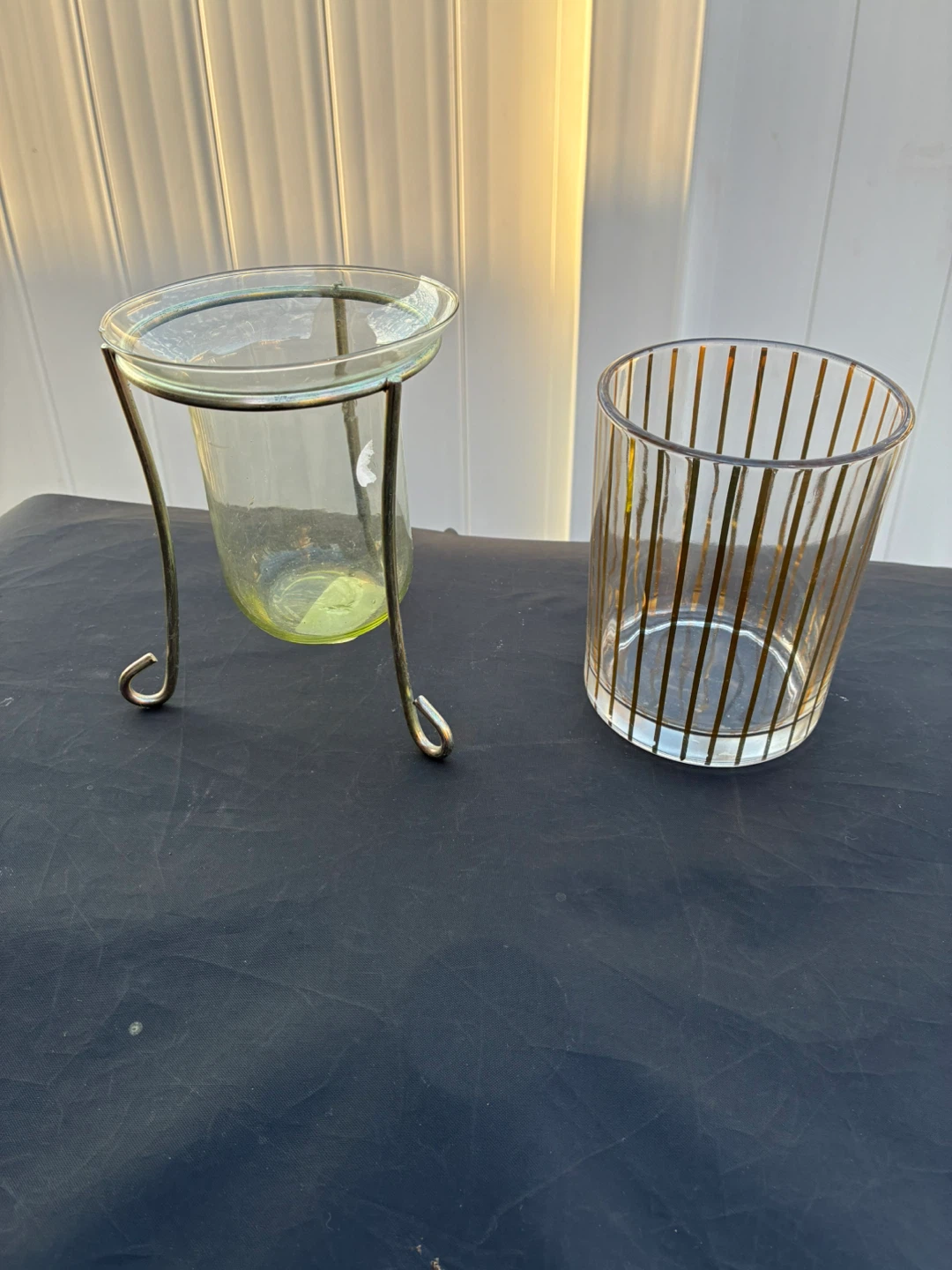 Gold Striped Glass Vase & Metal Stand