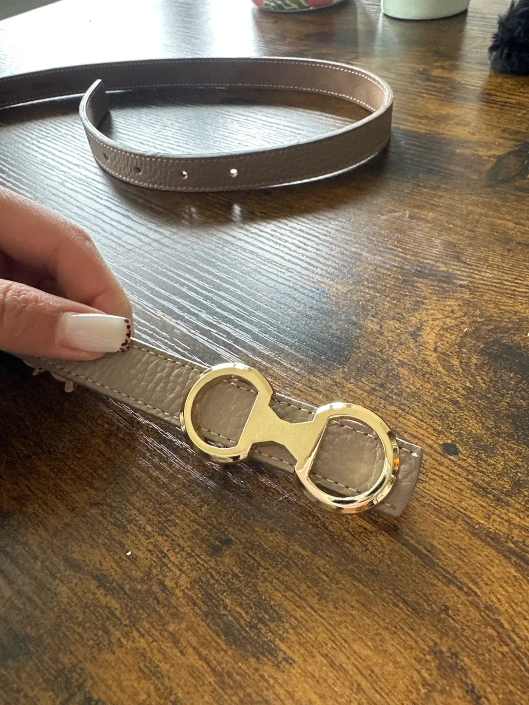 Beige Leather Belt with Gold Buckle