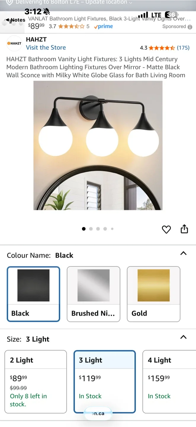 HAHZT Black 3-Light Bathroom Vanity Light thumbnail
