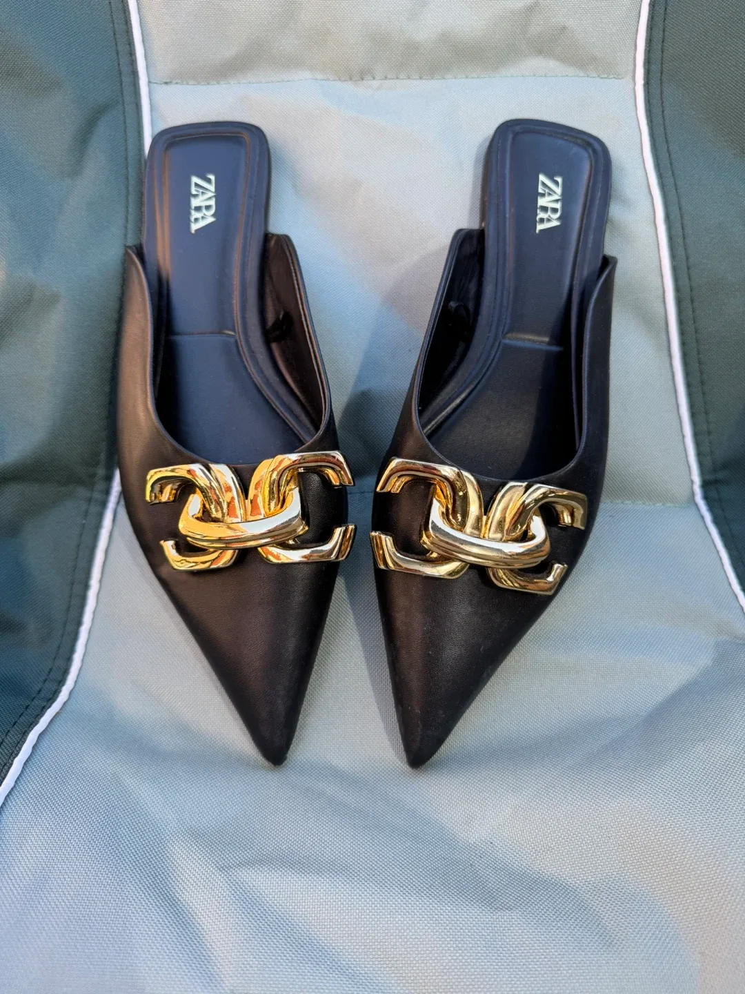 Zara Black Mules with Gold Chain Detail - Size 40 thumbnail