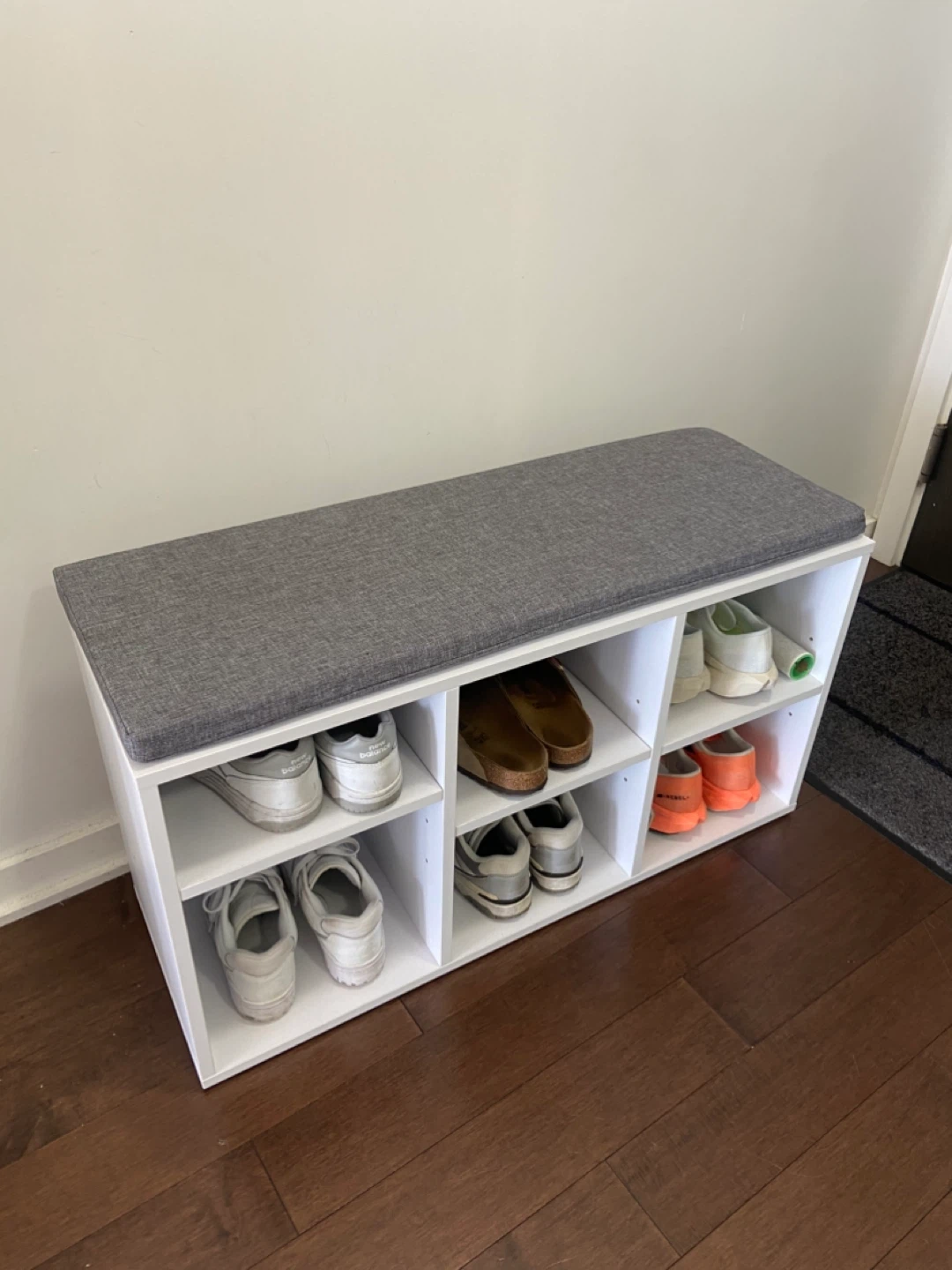MOVE OUT SALE: White Shoe Storage Bench with Grey Cushion - photo 3