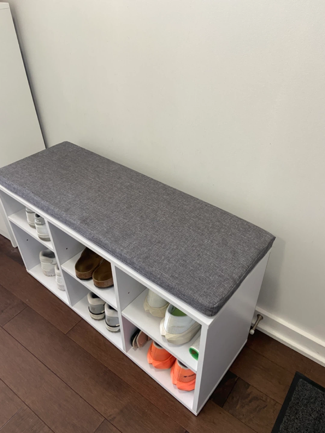 MOVE OUT SALE: White Shoe Storage Bench with Grey Cushion