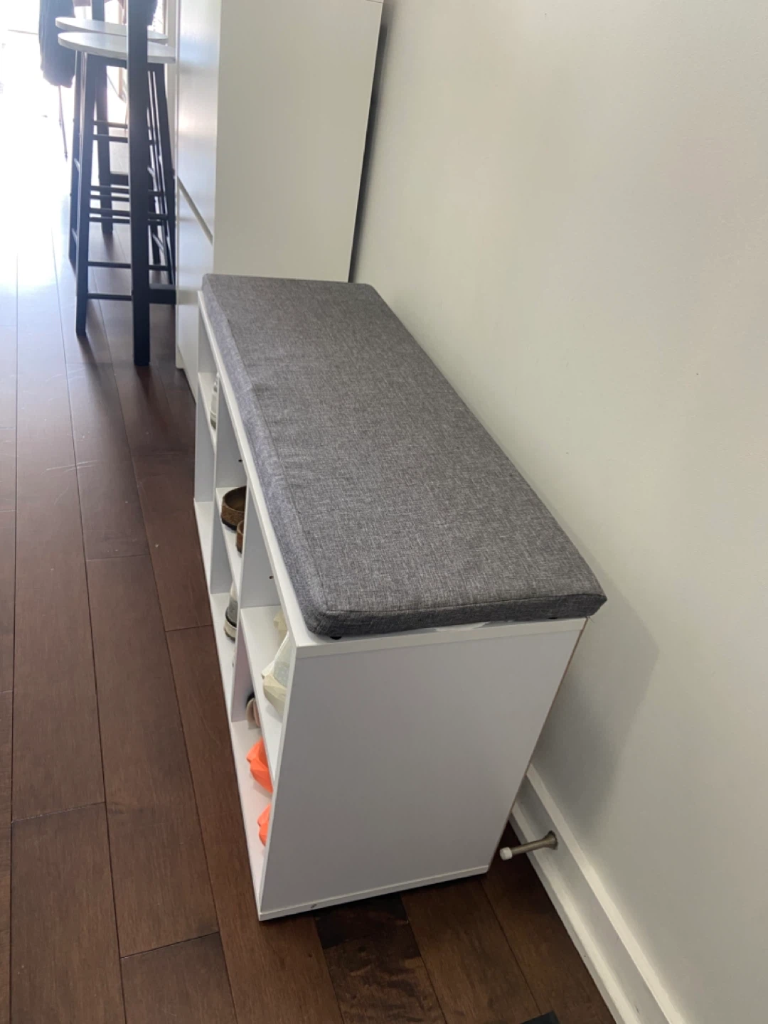 MOVE OUT SALE: White Shoe Storage Bench with Grey Cushion - photo 2